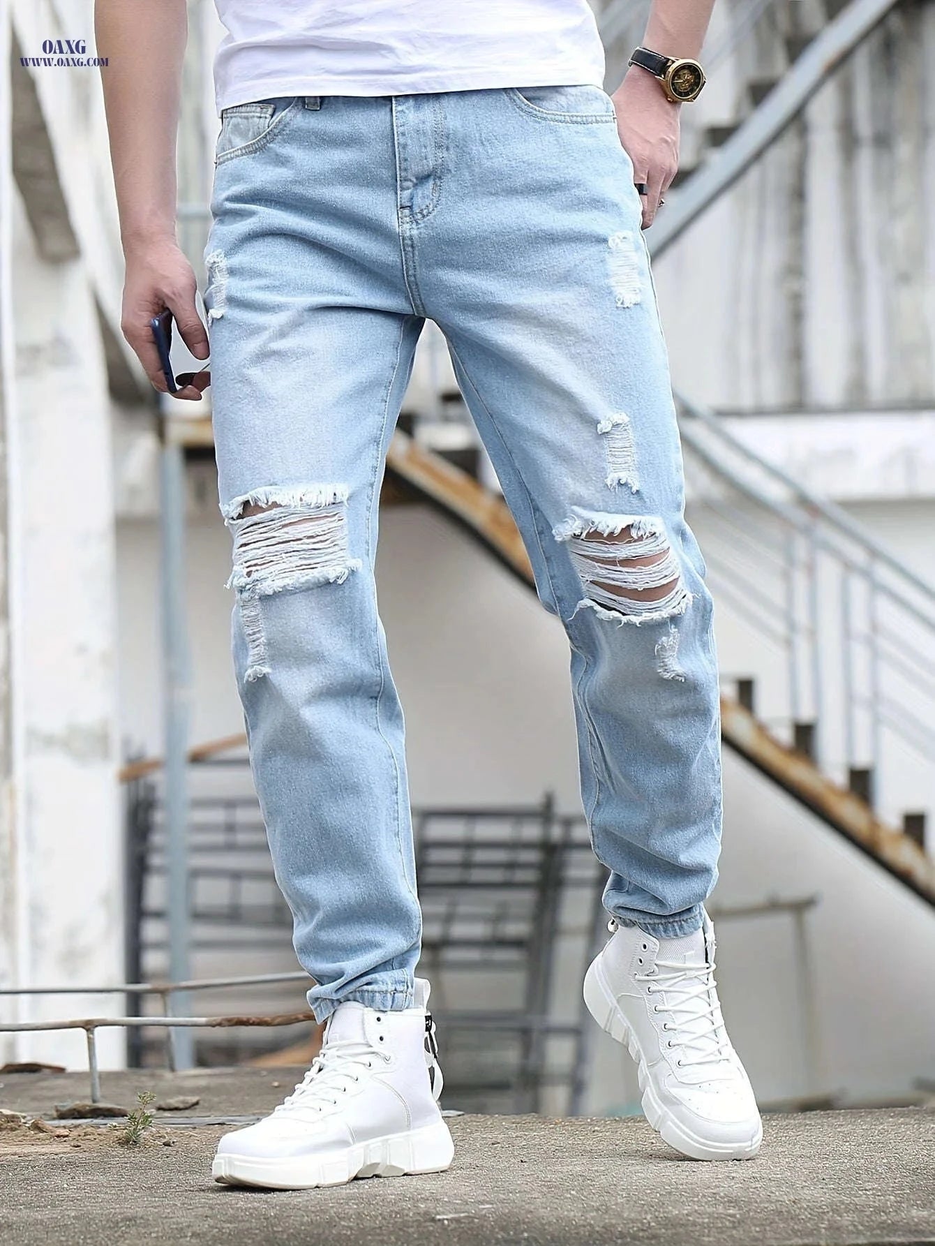 Men's Ripped Jeans - Casual Mid Waist Denim for Spring/Fall Wear   OAXG 