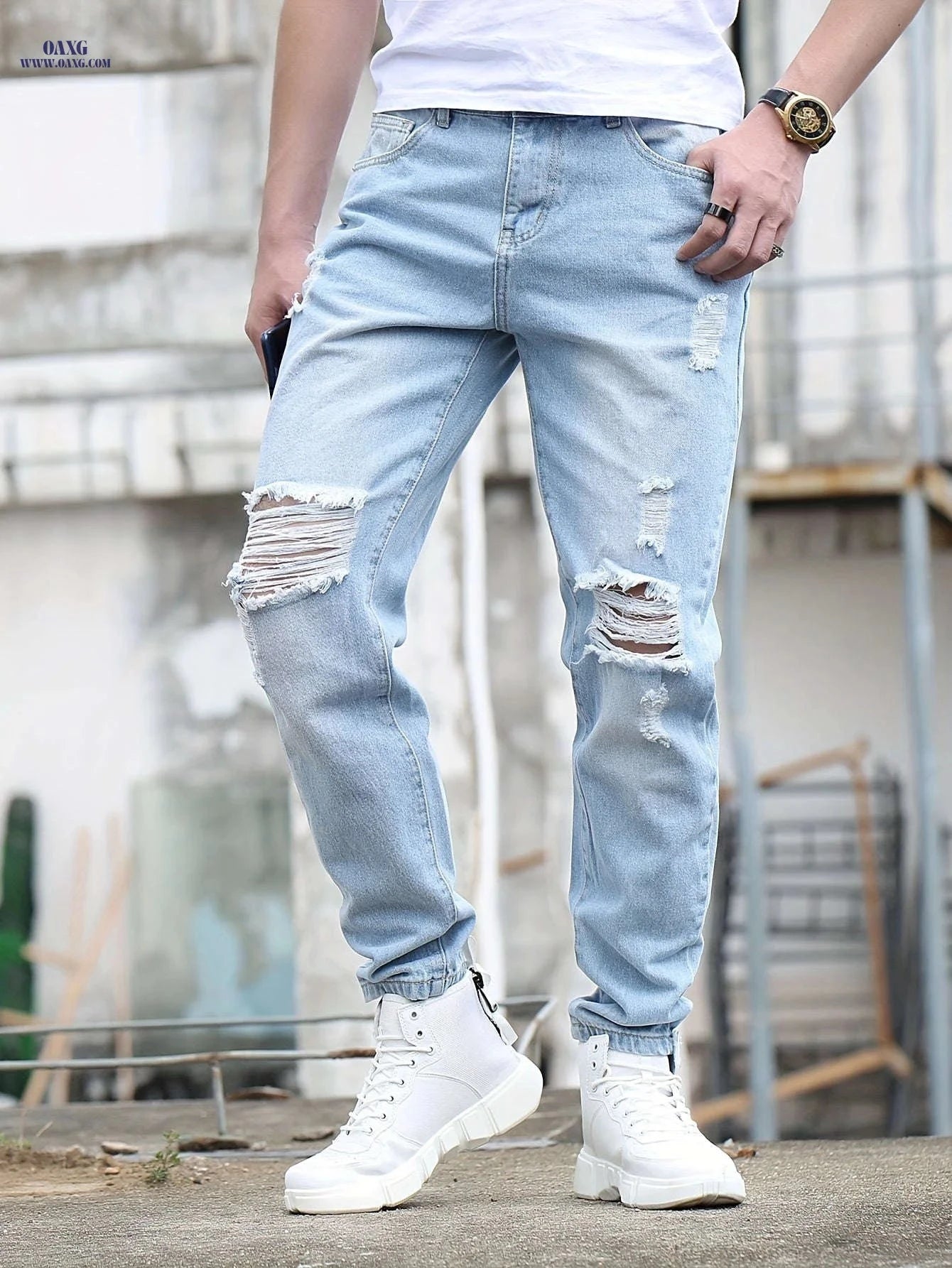 Men's Ripped Jeans - Casual Mid Waist Denim for Spring/Fall Wear   OAXG 