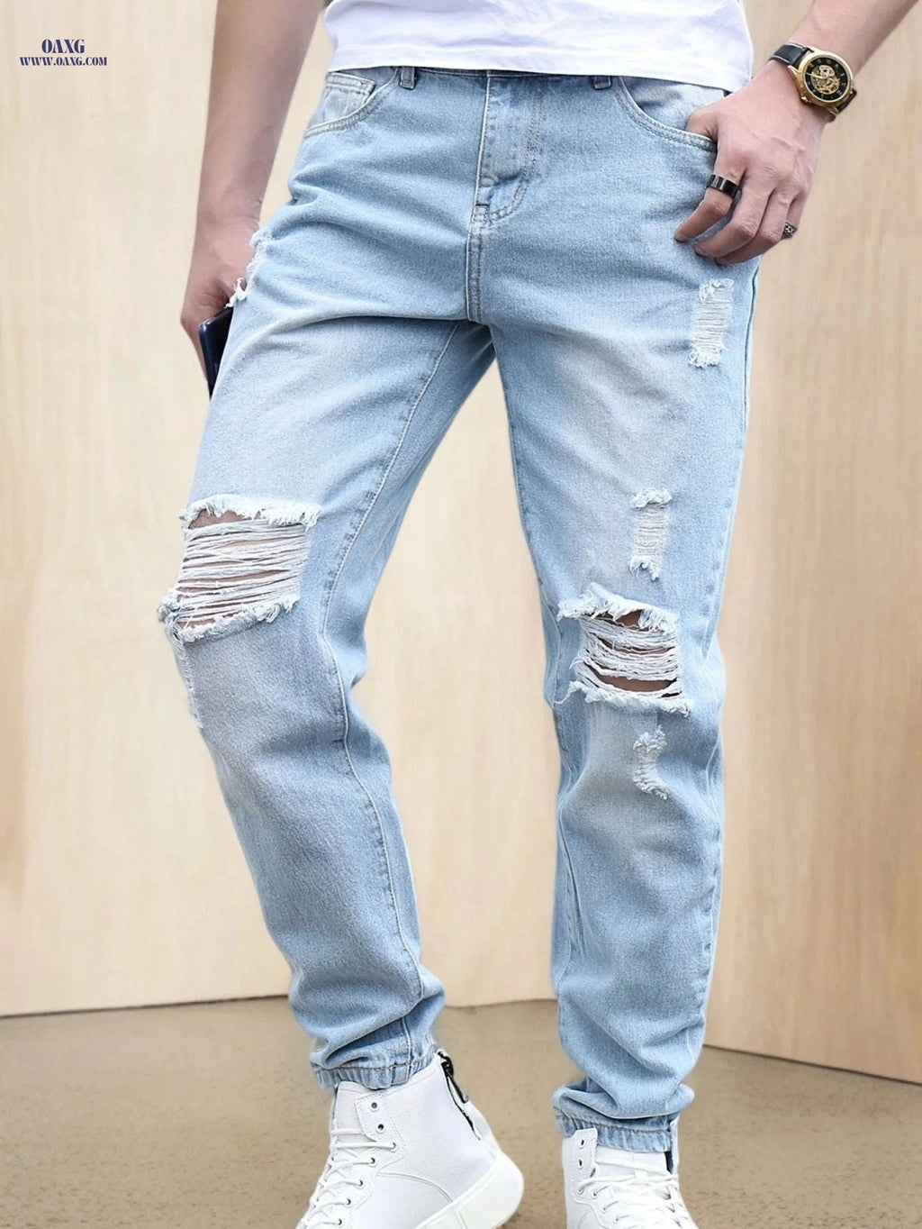 Men's Ripped Jeans - Casual Mid Waist Denim for Spring/Fall Wear   OAXG 