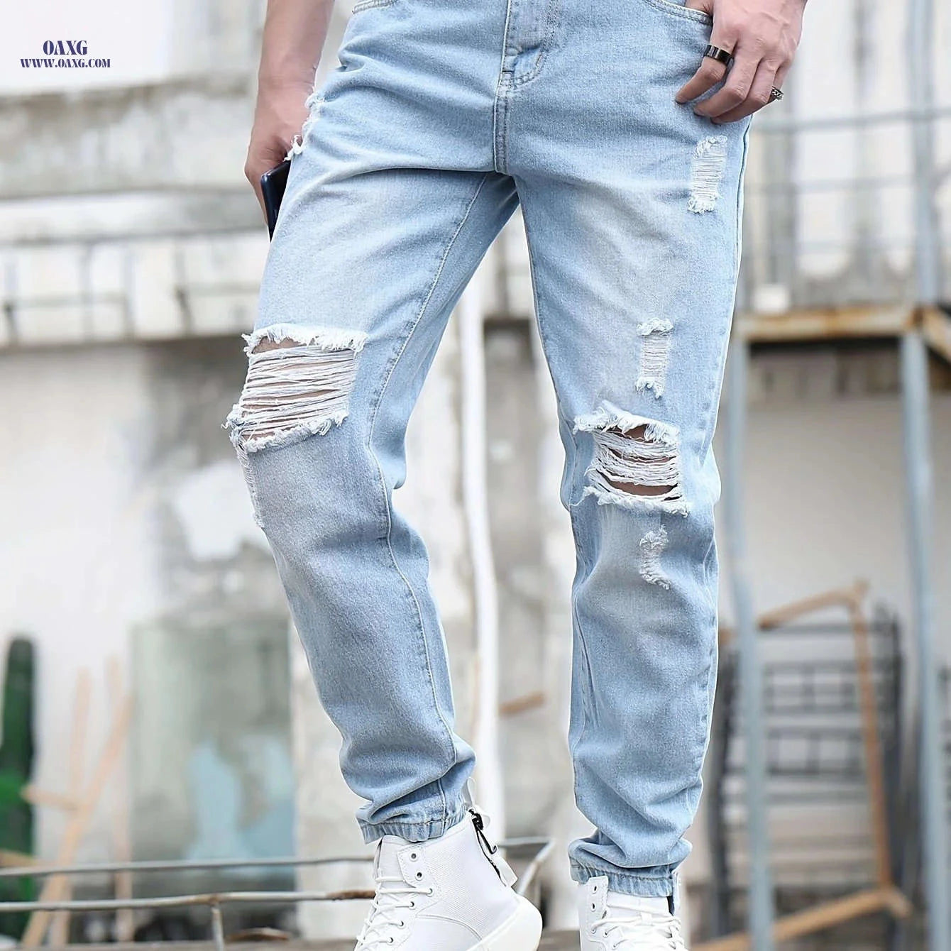 Men's Ripped Jeans - Casual Mid Waist Denim for Spring/Fall Wear   OAXG 
