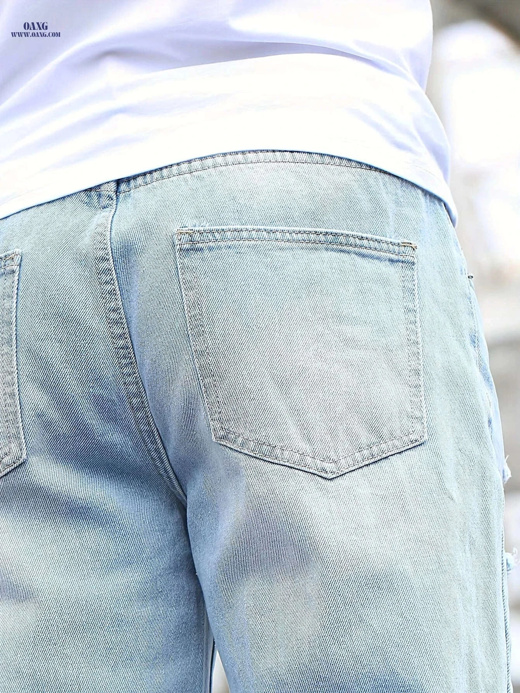 Men's Ripped Jeans - Casual Mid Waist Denim for Spring/Fall Wear   OAXG Light Blue / FR XS