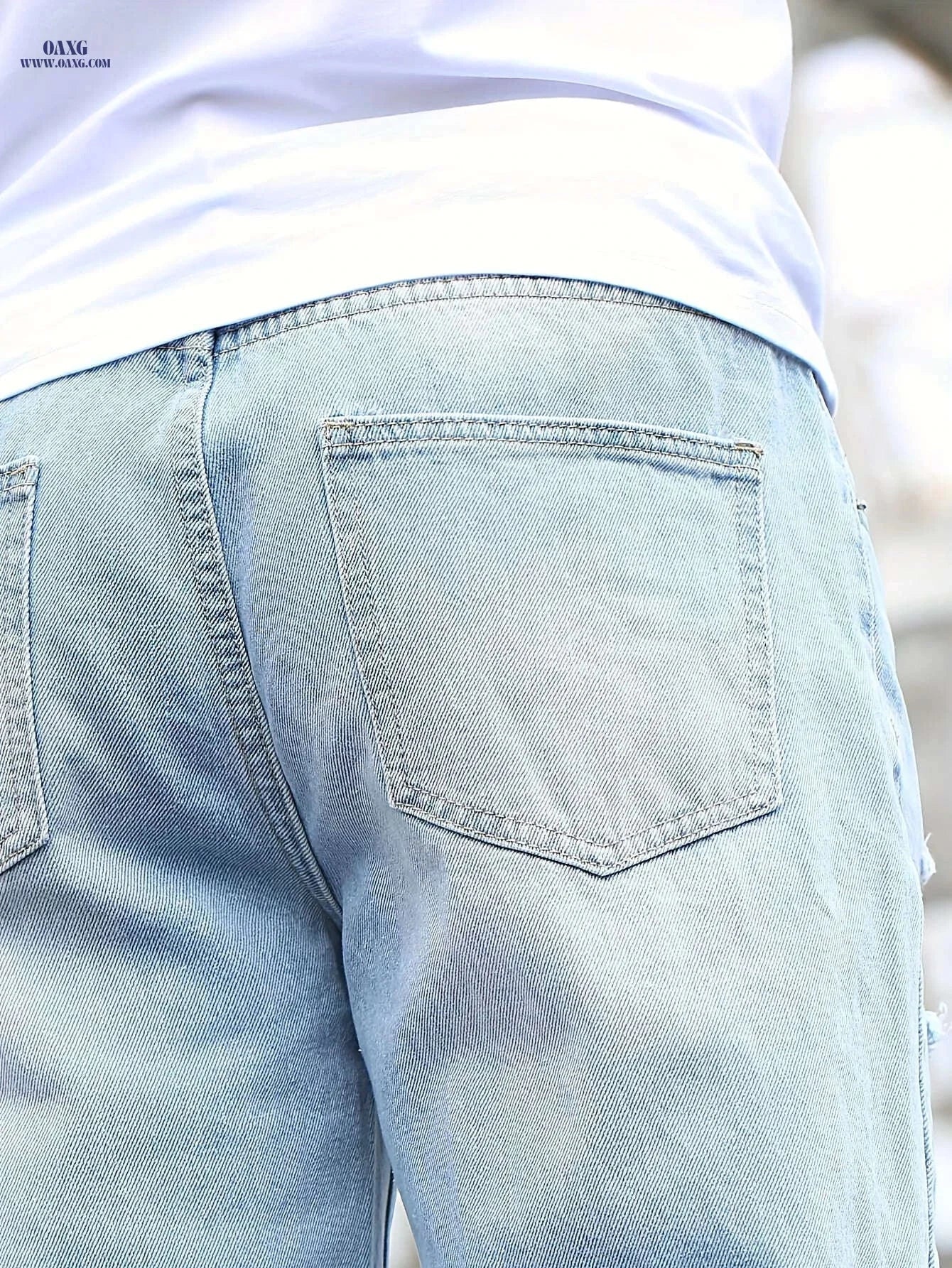 Men's Ripped Jeans - Casual Mid Waist Denim for Spring/Fall Wear   OAXG Light Blue / FR XS