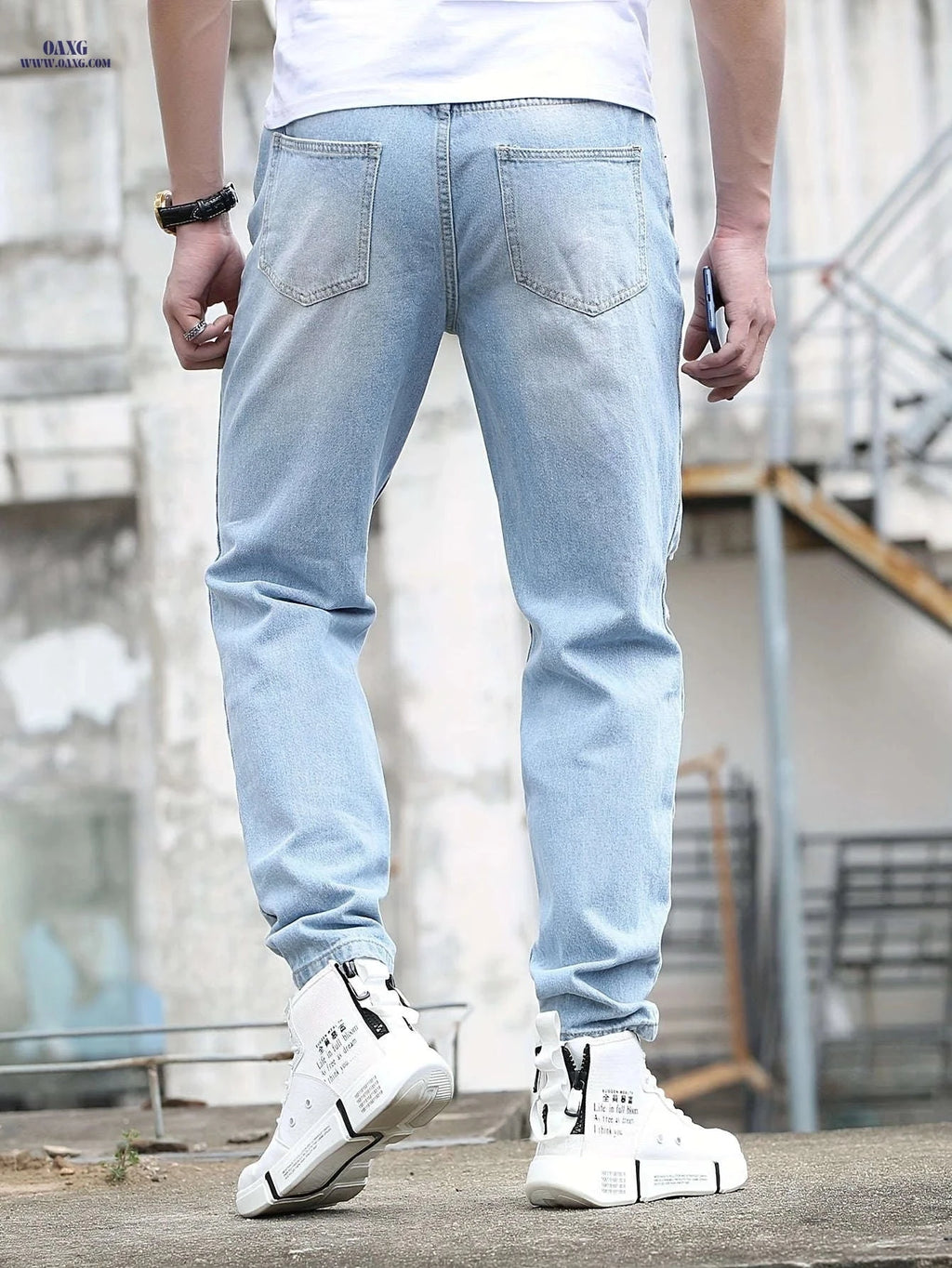 Men's Ripped Jeans - Casual Mid Waist Denim for Spring/Fall Wear   OAXG Light Blue / FR XS
