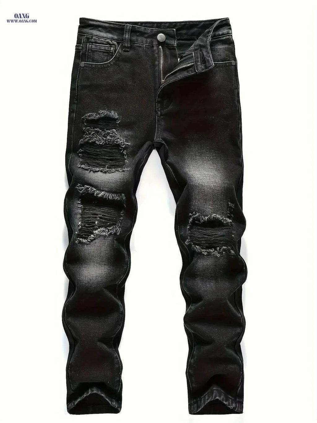 Men's Ripped Jeans - Distressed Stretch Pants for All-Season Wear   OAXG Black / S