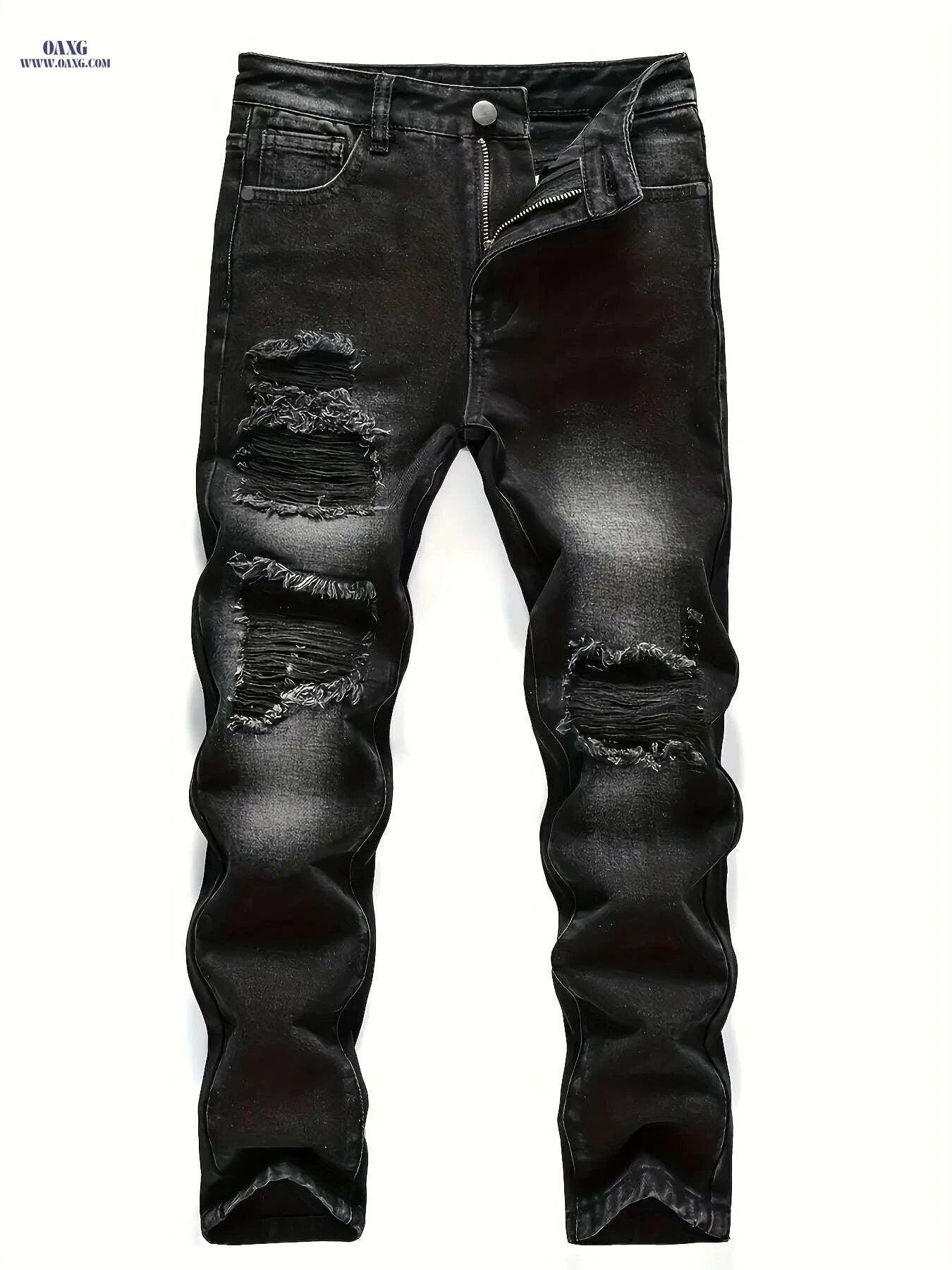 Men's Ripped Jeans - Distressed Stretch Pants for All-Season Wear   OAXG Black / S