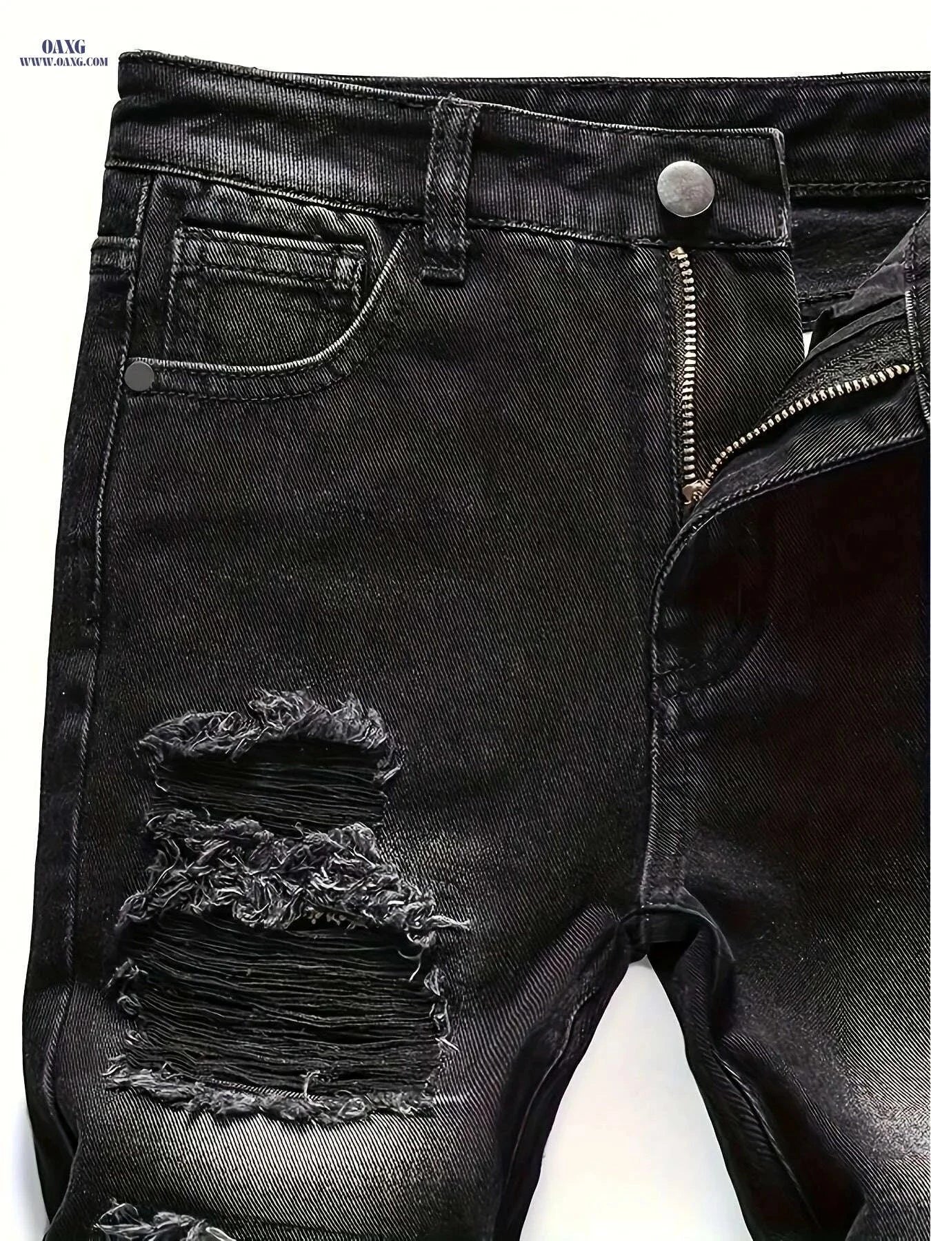 Men's Ripped Jeans - Distressed Stretch Pants for All-Season Wear   OAXG Black / S