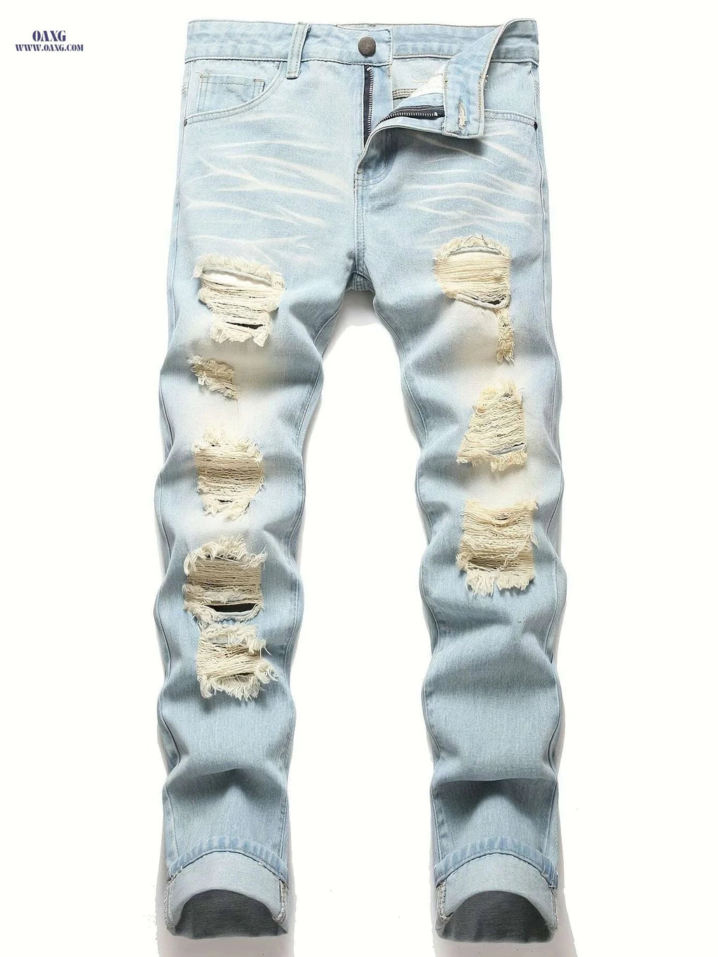 Men's Ripped Jeans - Heavy-Distressed Blue, Slim Fit & Casual Style   OAXG 