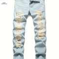 Men's Ripped Jeans - Heavy-Distressed Blue, Slim Fit & Casual Style   OAXG Light Cyan / 28