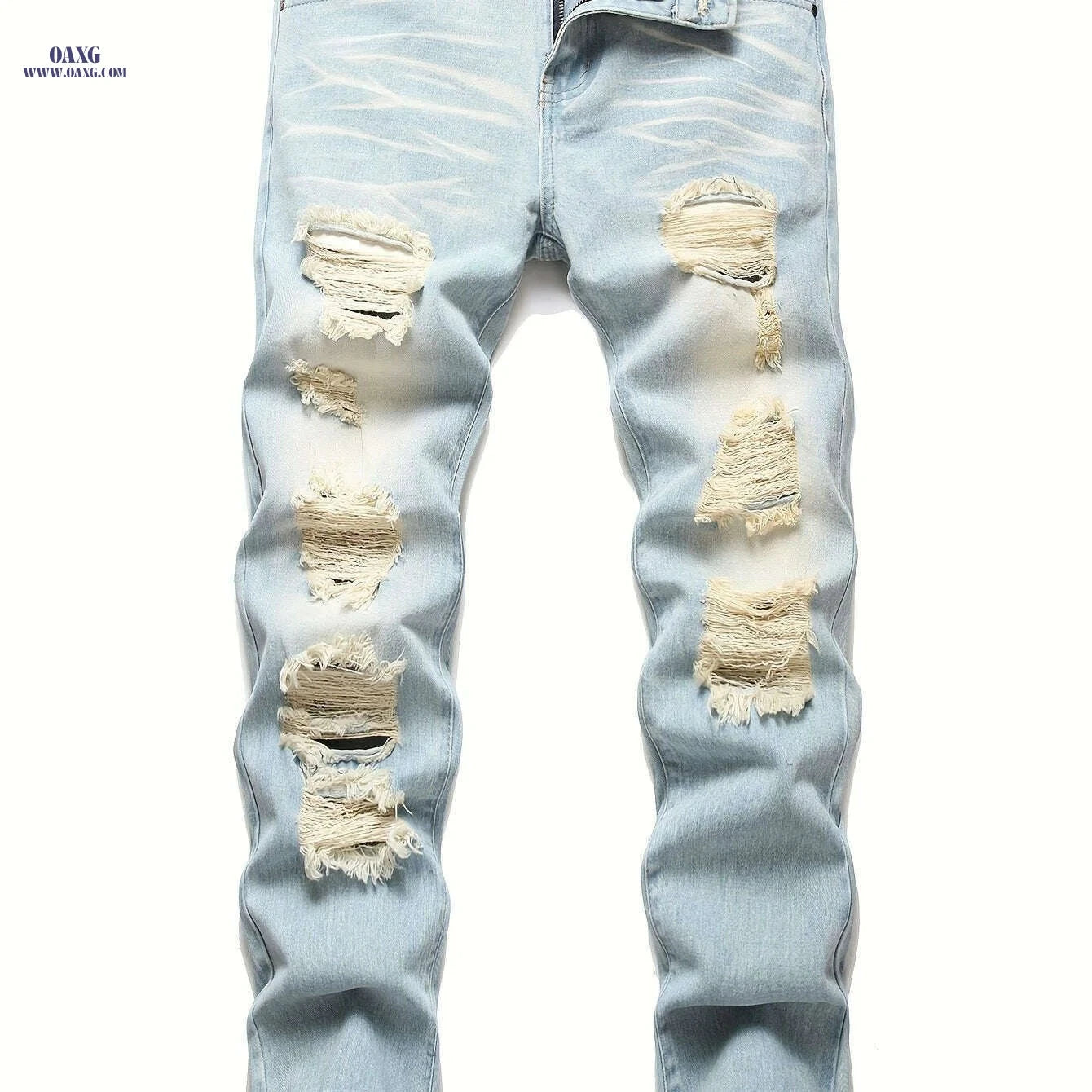 Men's Ripped Jeans - Heavy-Distressed Blue, Slim Fit & Casual Style   OAXG Light Cyan / 28