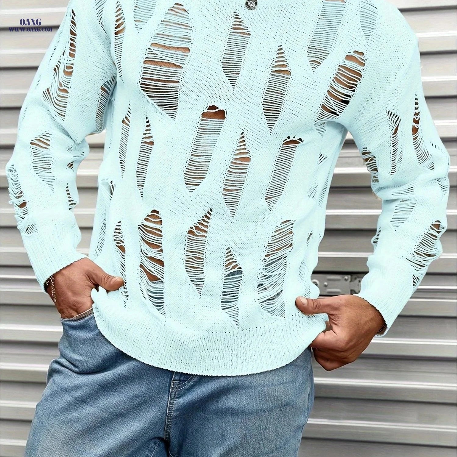 Men’s Ripped Knit Sweater - Casual Crew Neck for Spring/Fall   OAXG Black / FR XS