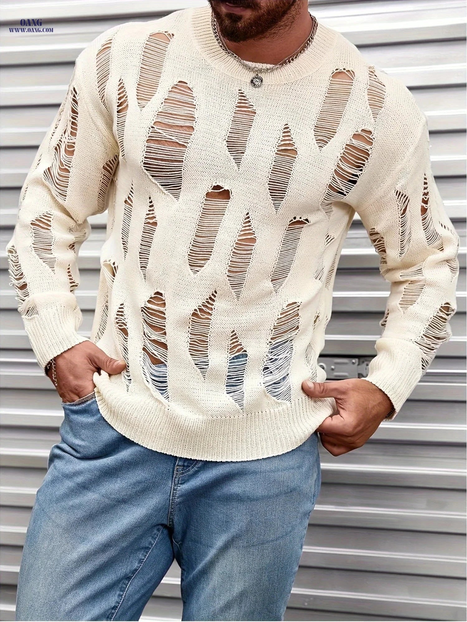 Men’s Ripped Knit Sweater - Casual Crew Neck for Spring/Fall   OAXG Black / FR XS