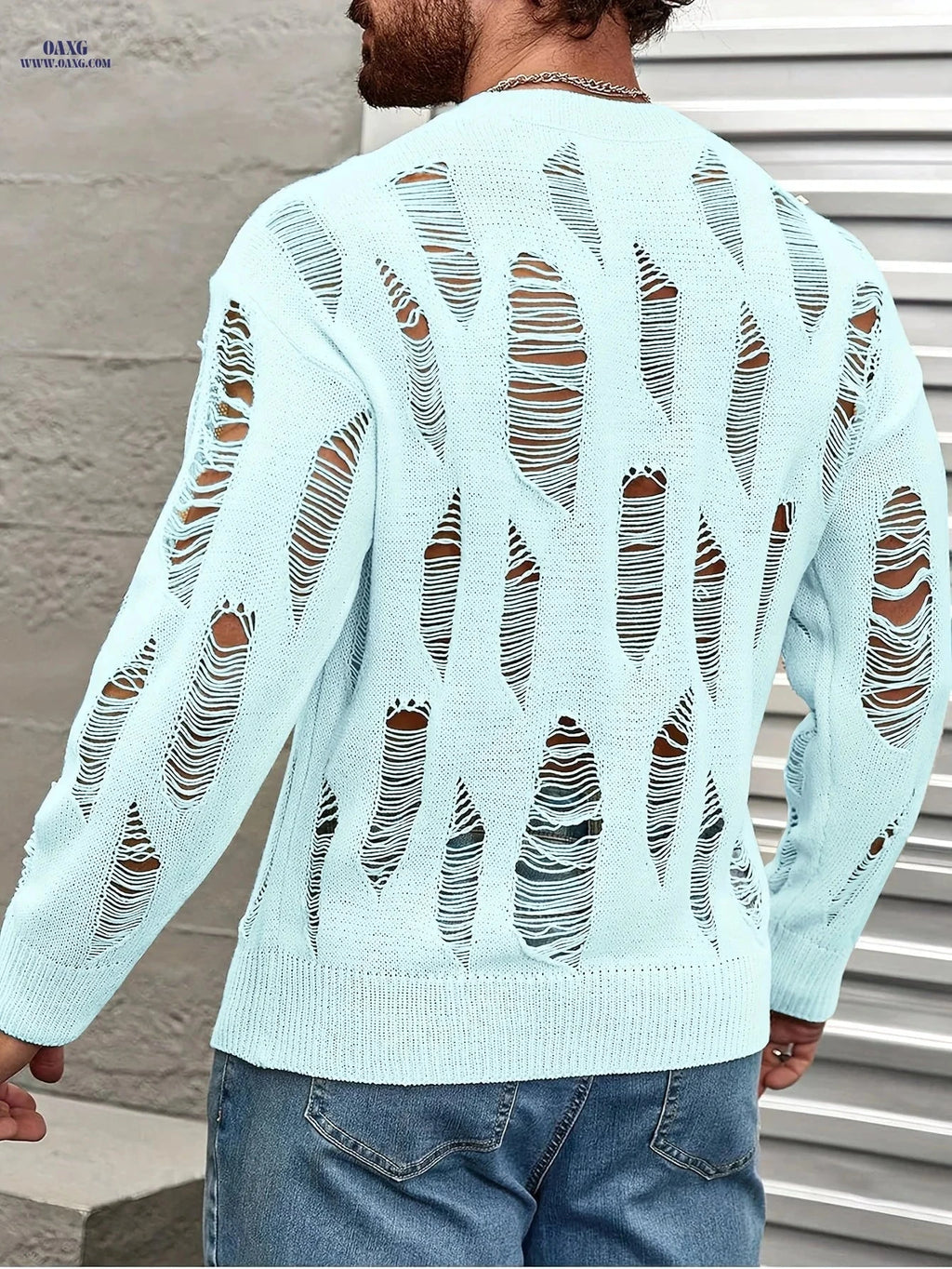 Men’s Ripped Knit Sweater - Casual Crew Neck for Spring/Fall   OAXG Black / FR XS