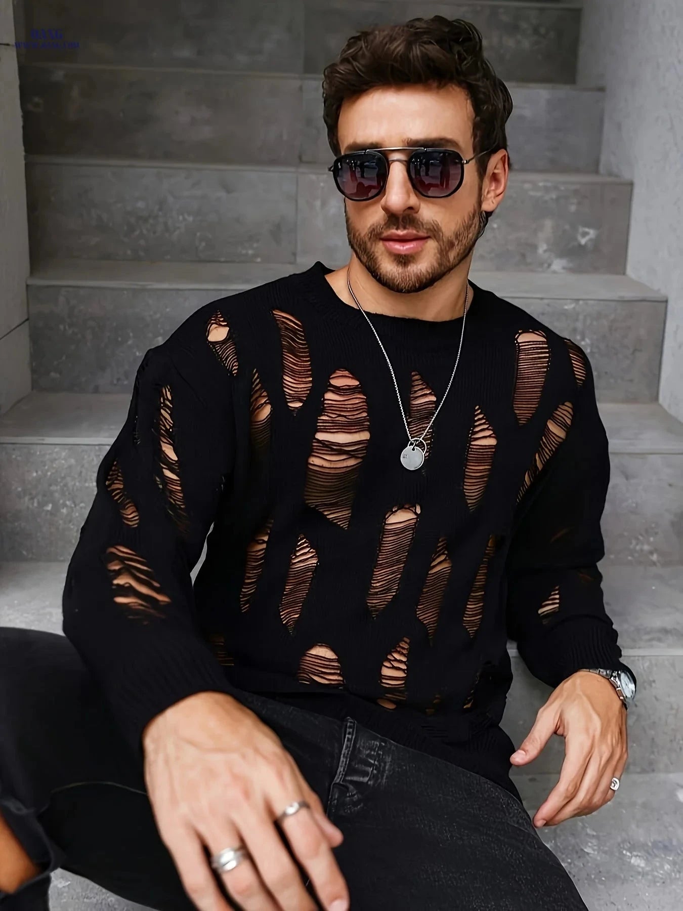 Men’s Ripped Knit Sweater - Casual Crew Neck for Spring/Fall   OAXG 