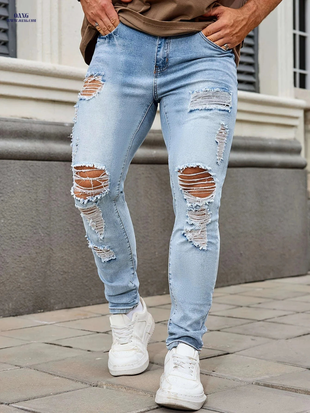Men's Ripped Skinny Jeans - Casual Denim, Slight Stretch Fit   OAXG 