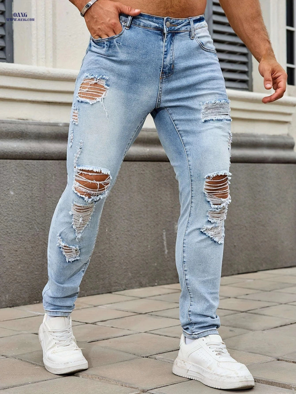 Men's Ripped Skinny Jeans - Casual Denim, Slight Stretch Fit   OAXG 