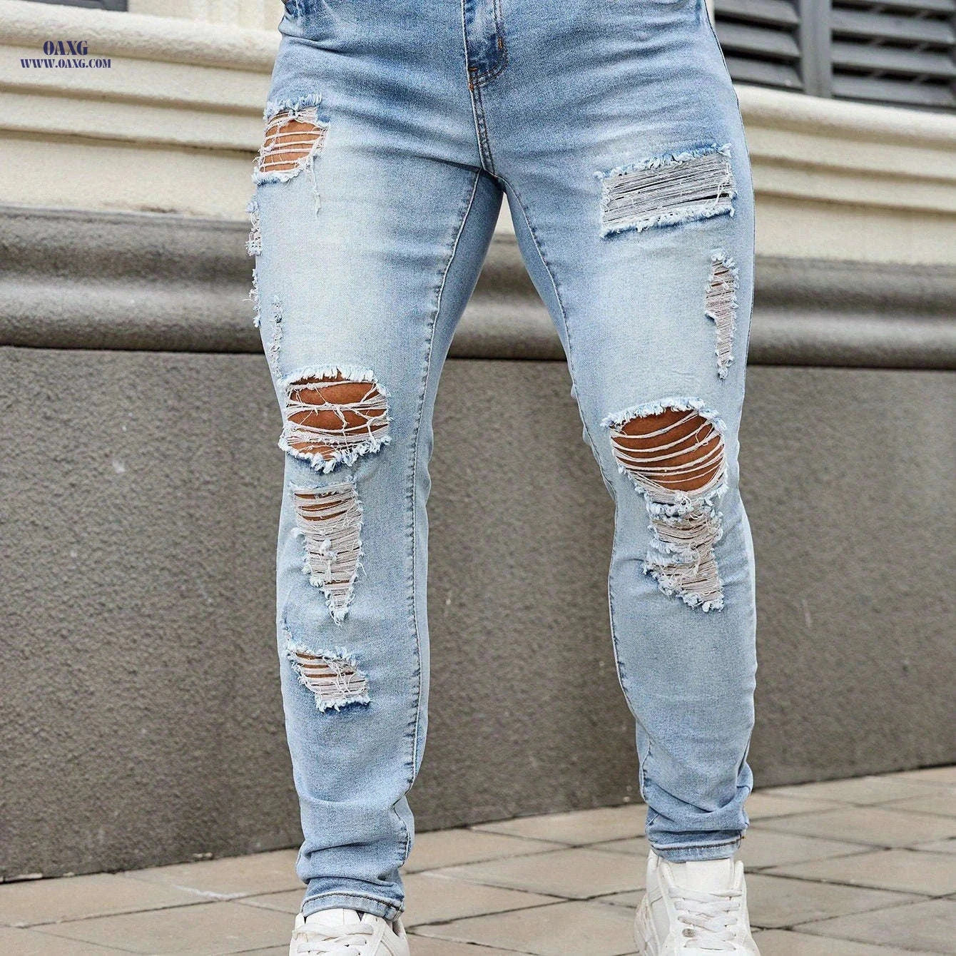 Men's Ripped Skinny Jeans - Casual Denim, Slight Stretch Fit   OAXG 