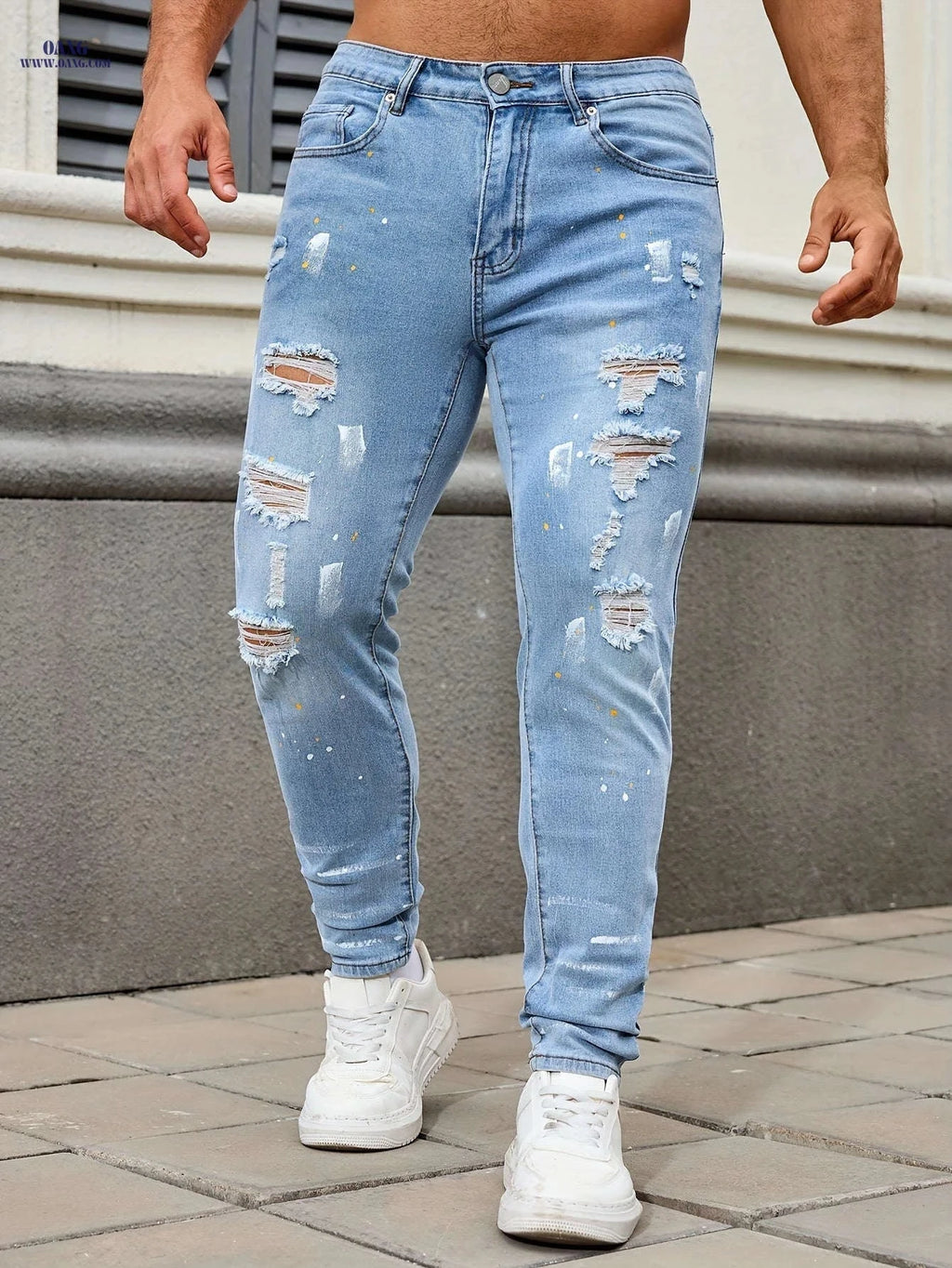 Men's Ripped Skinny Jeans - Casual Stretch Denim for All Seasons   OAXG 