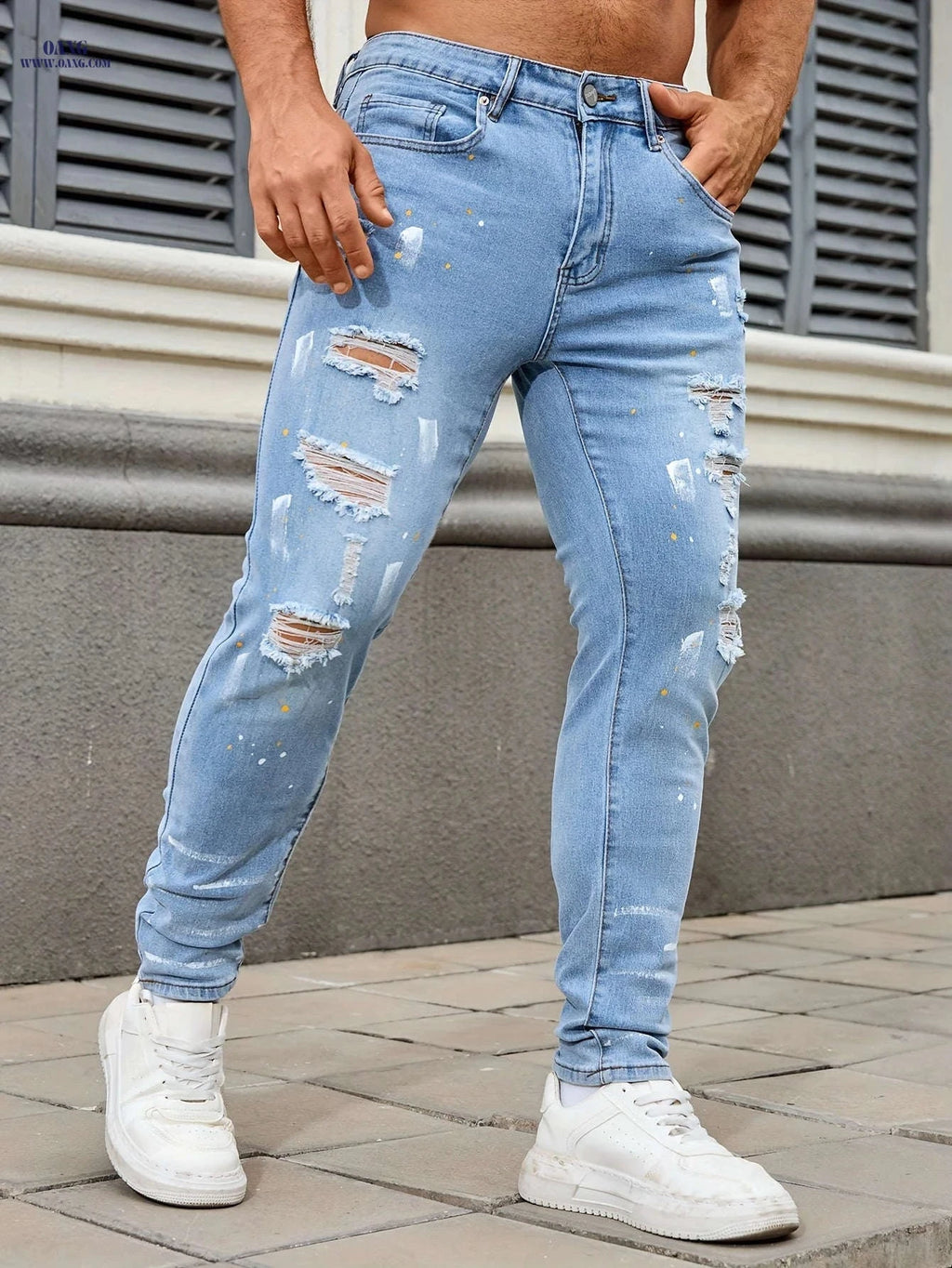 Men's Ripped Skinny Jeans - Casual Stretch Denim for All Seasons   OAXG 