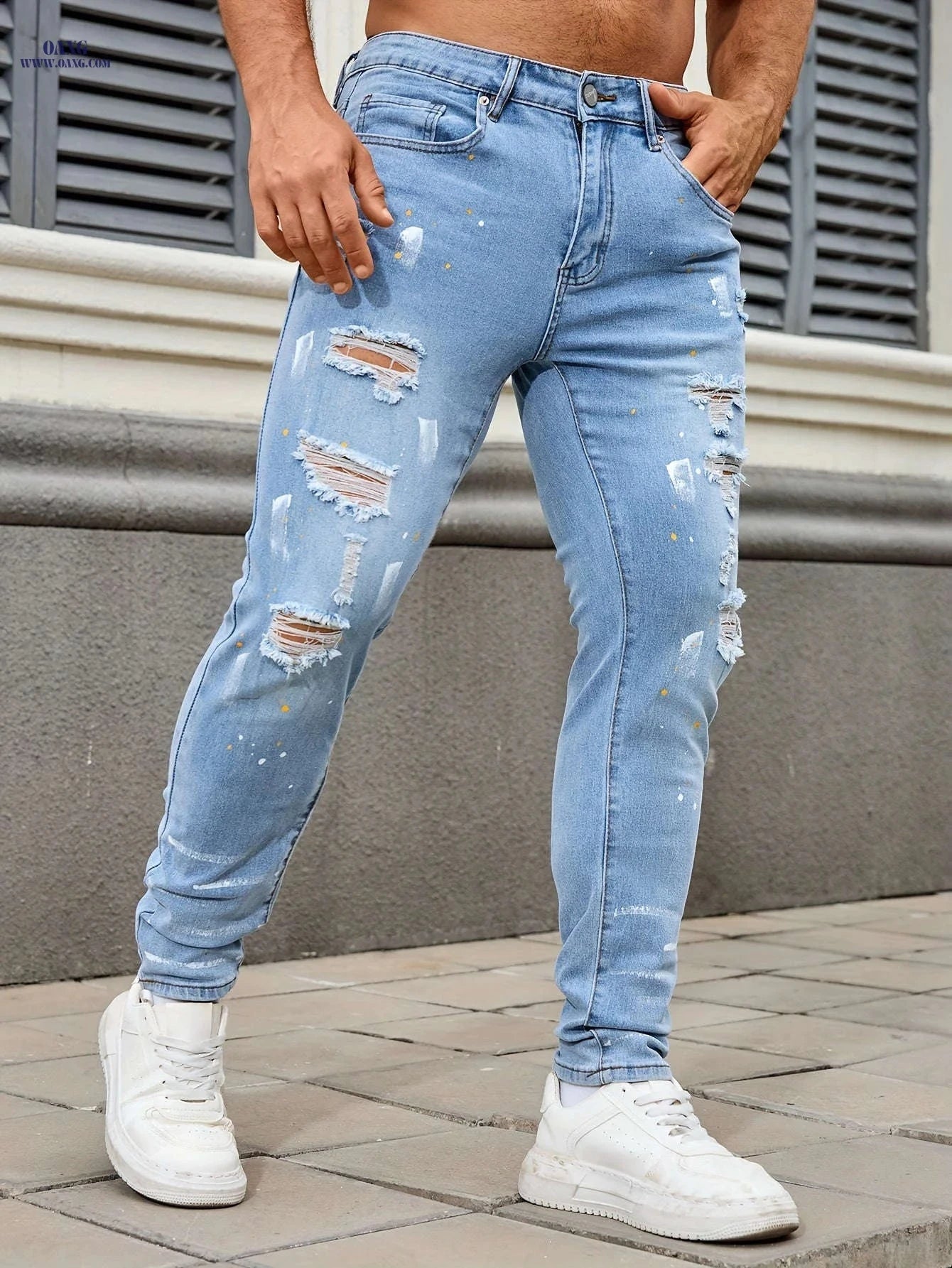 Men's Ripped Skinny Jeans - Casual Stretch Denim for All Seasons   OAXG 