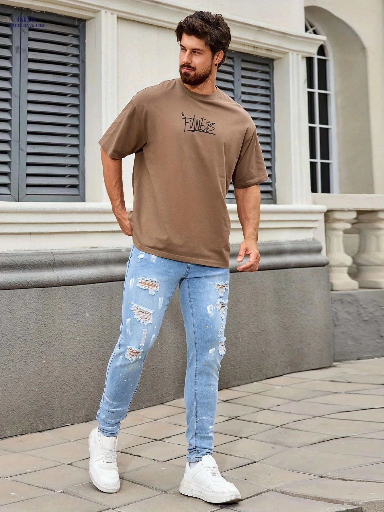 Men's Ripped Skinny Jeans - Casual Stretch Denim for All Seasons   OAXG Light Blue / FR 34-36
