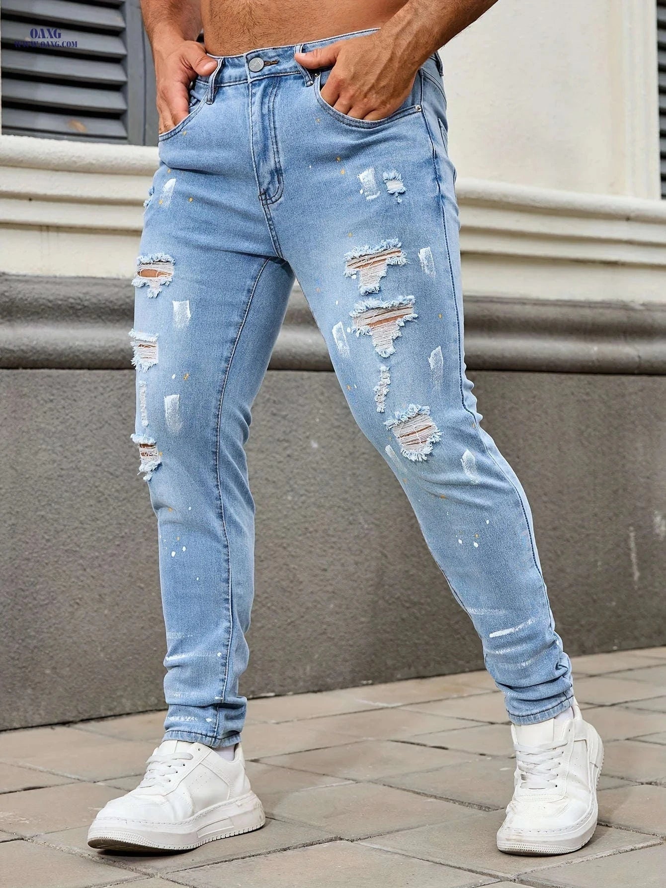 Men's Ripped Skinny Jeans - Casual Stretch Denim for All Seasons   OAXG 