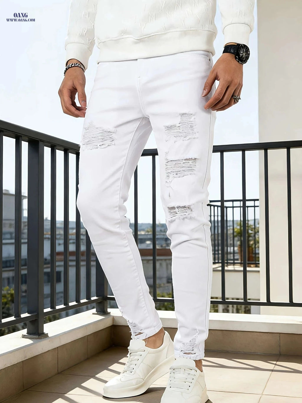 Men's Ripped Skinny Jeans - High Stretch, Casual Hip-Hop Style   OAXG 