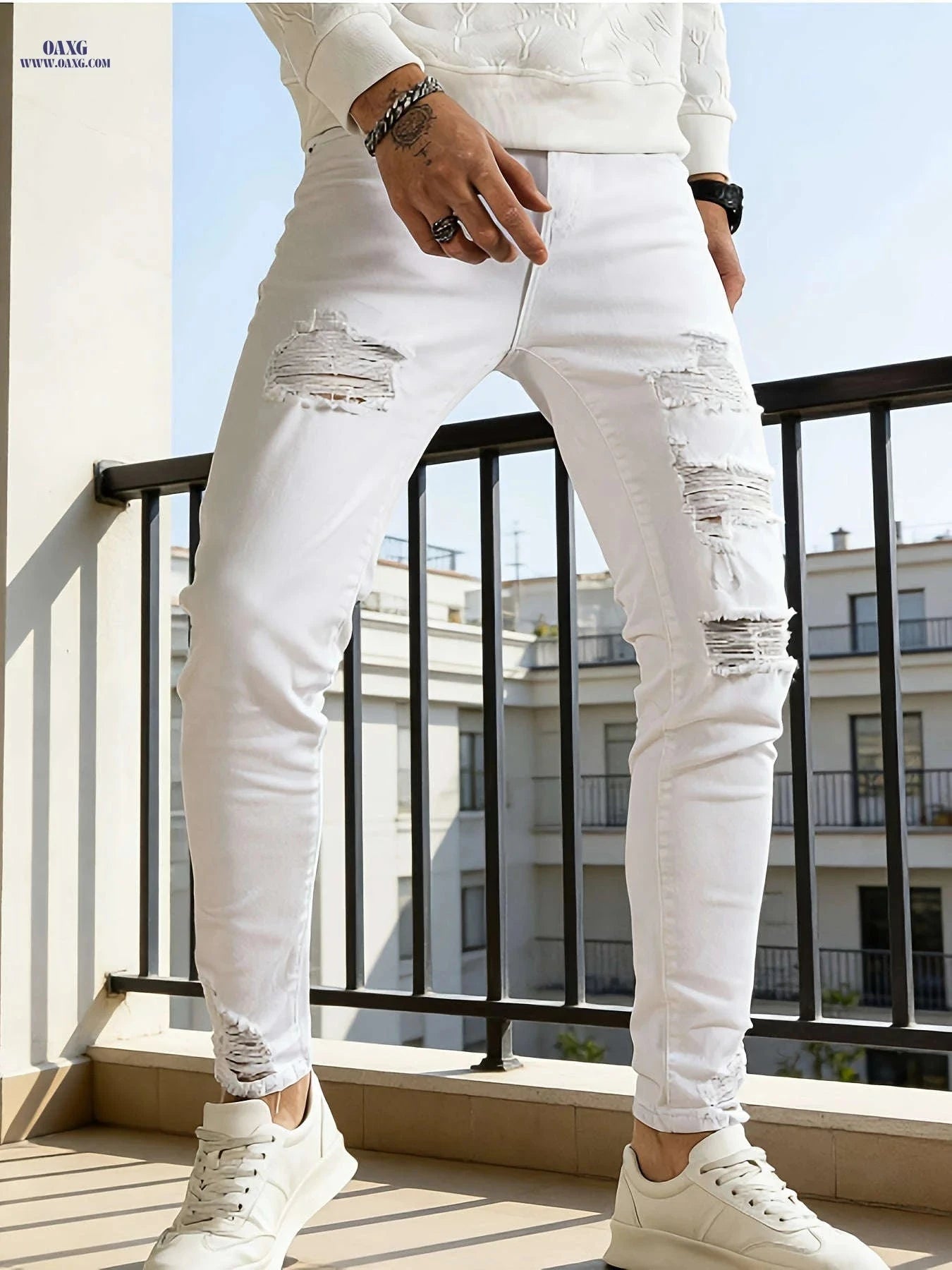 Men's Ripped Skinny Jeans - High Stretch, Casual Hip-Hop Style   OAXG 