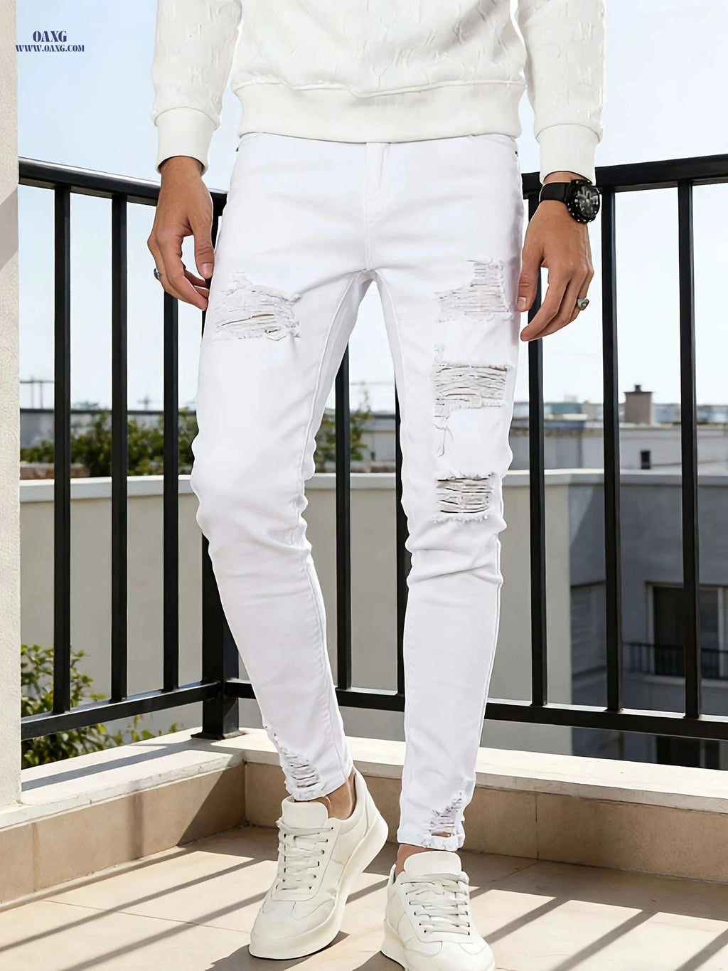 Men's Ripped Skinny Jeans - High Stretch, Casual Hip-Hop Style   OAXG 