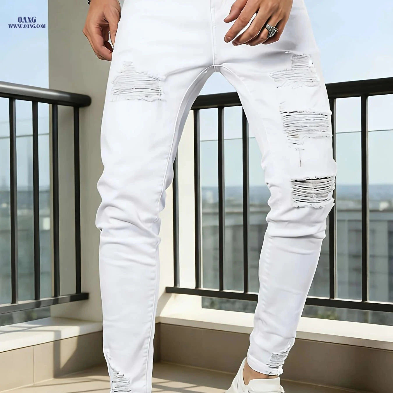 Men's Ripped Skinny Jeans - High Stretch, Casual Hip-Hop Style   OAXG White / FR S