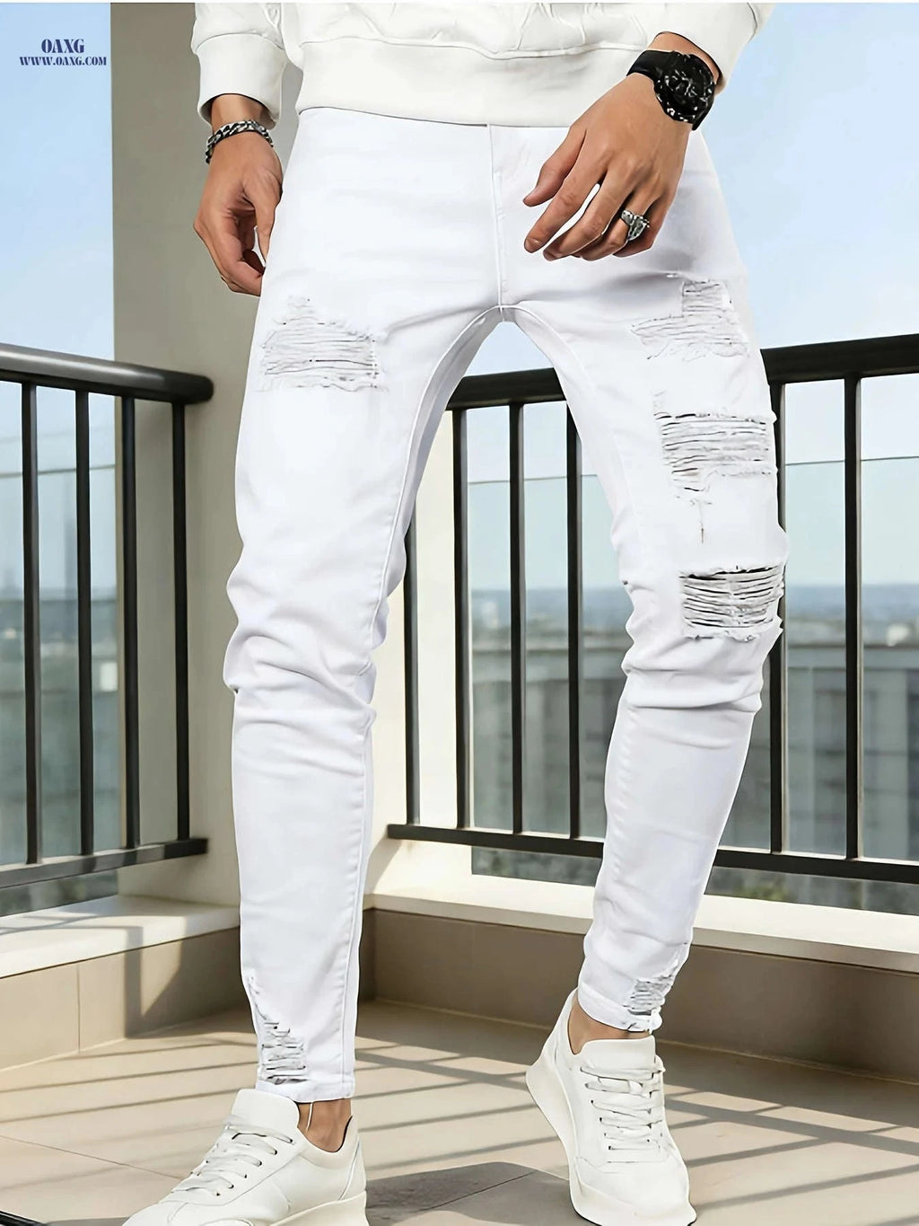 Men's Ripped Skinny Jeans - High Stretch, Casual Hip-Hop Style   OAXG White / FR S