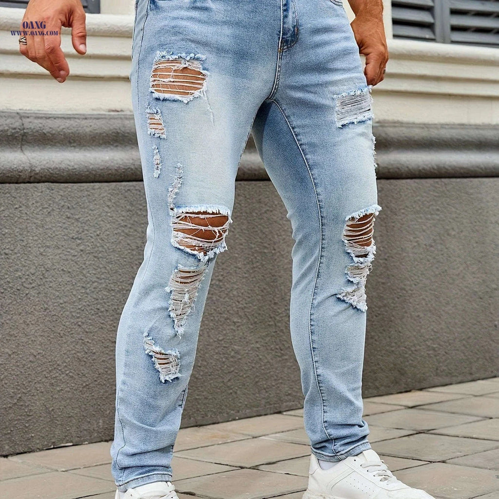Men's Ripped Skinny Jeans - Stylish Casual Denim for All Seasons   OAXG 