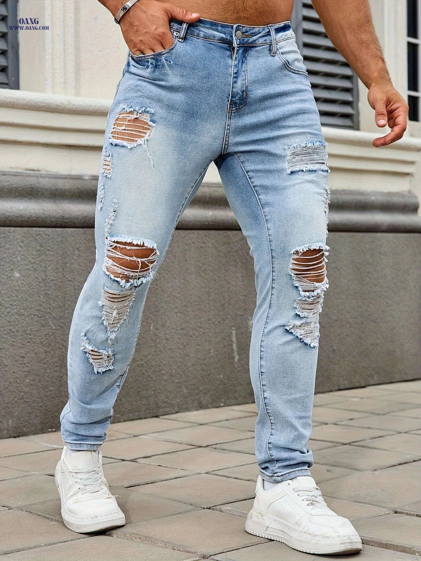 Men's Ripped Skinny Jeans - Stylish Casual Denim for All Seasons   OAXG Light Blue / FR 34-36