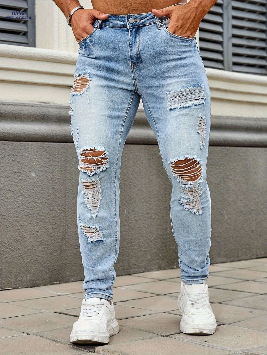 Men's Ripped Skinny Jeans - Stylish Casual Denim for All Seasons   OAXG Light Blue / FR 34-36