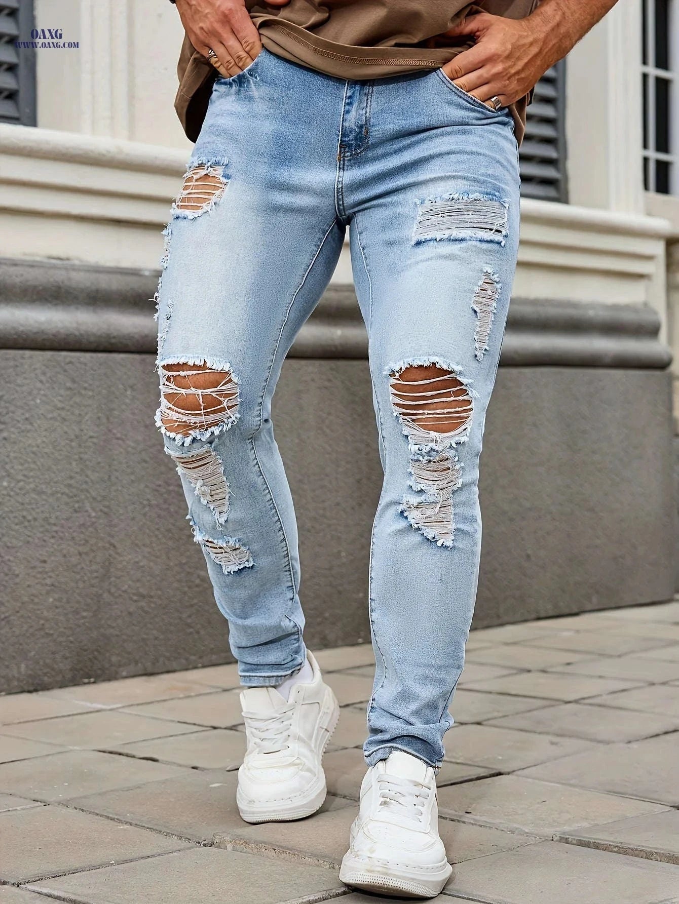 Men's Ripped Skinny Jeans - Stylish Casual Denim for All Seasons   OAXG Light Blue / FR 34-36