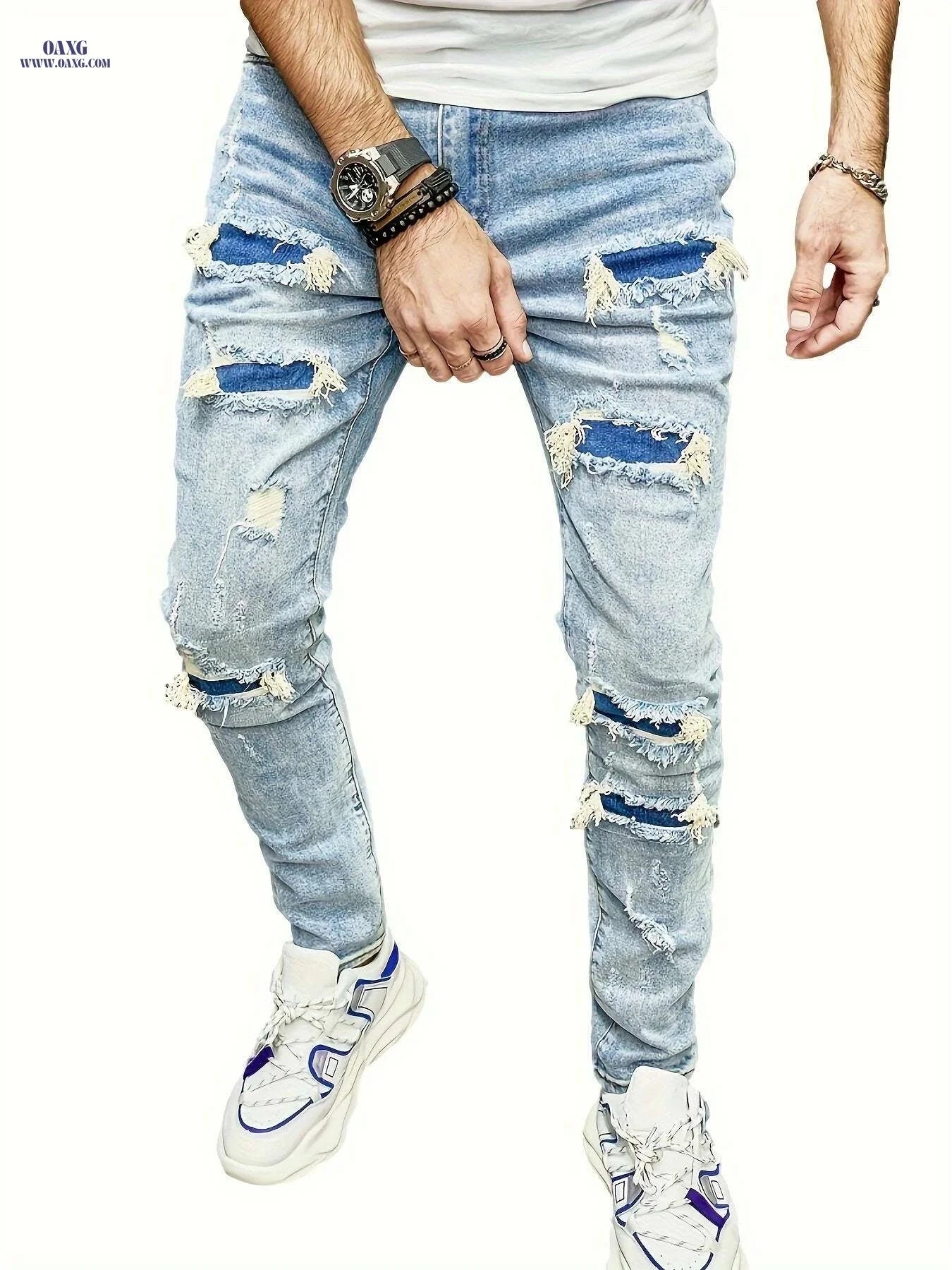 Men's Ripped Slim Fit Denim Jeans - Elastic Fit for Spring/Summer   OAXG Blue / 28