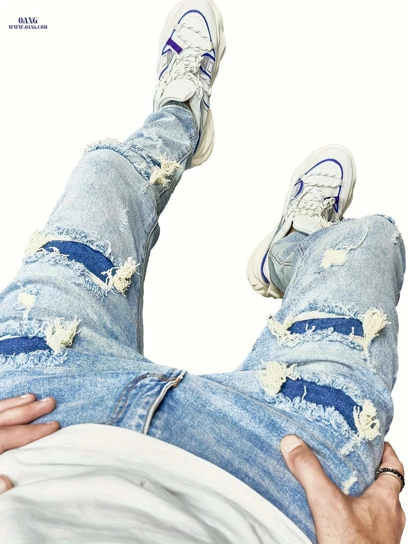 Men's Ripped Slim Fit Denim Jeans - Elastic Fit for Spring/Summer   OAXG Blue / 28