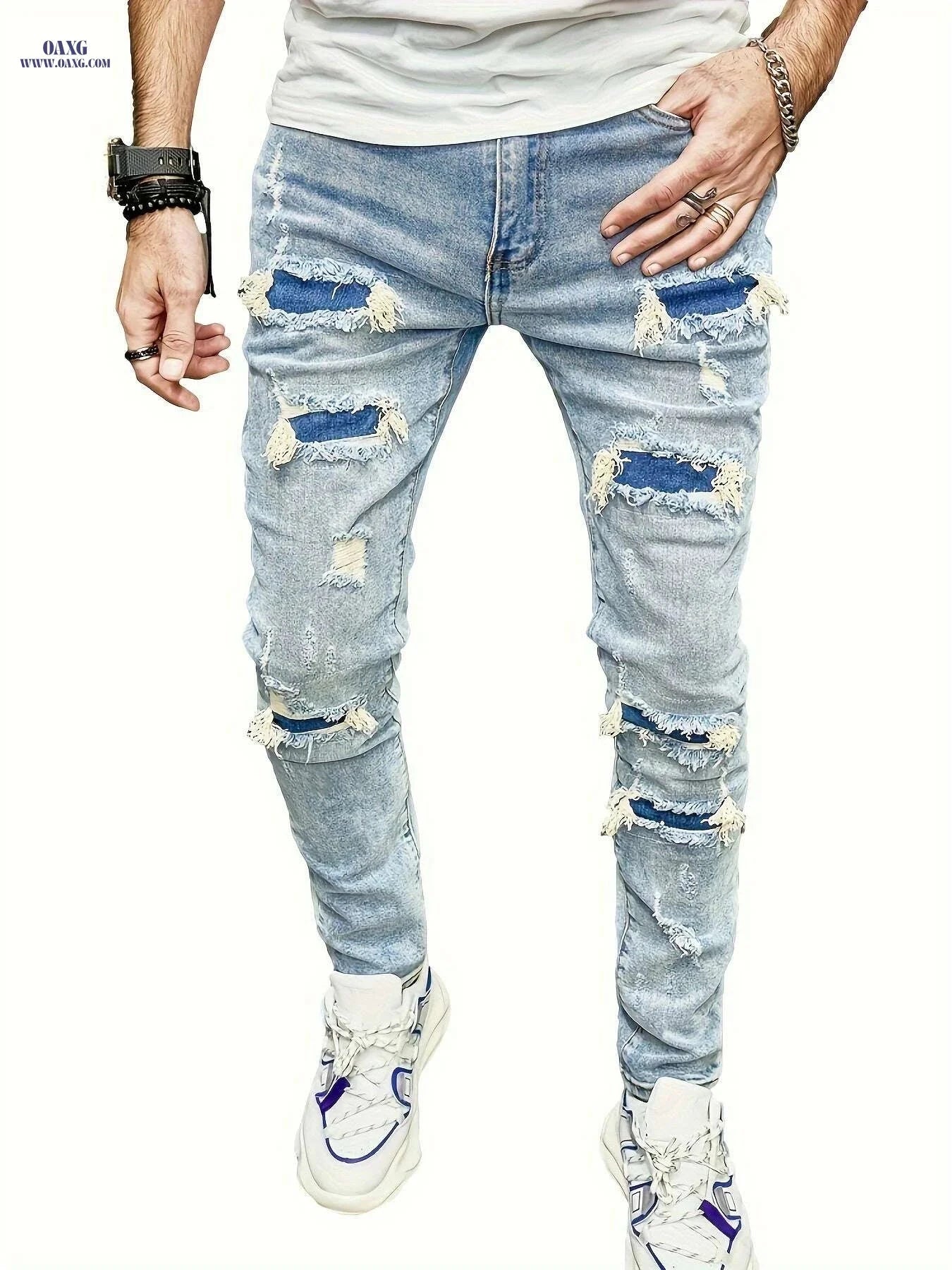 Men's Ripped Slim Fit Denim Jeans - Elastic Fit for Spring/Summer   OAXG Blue / 28