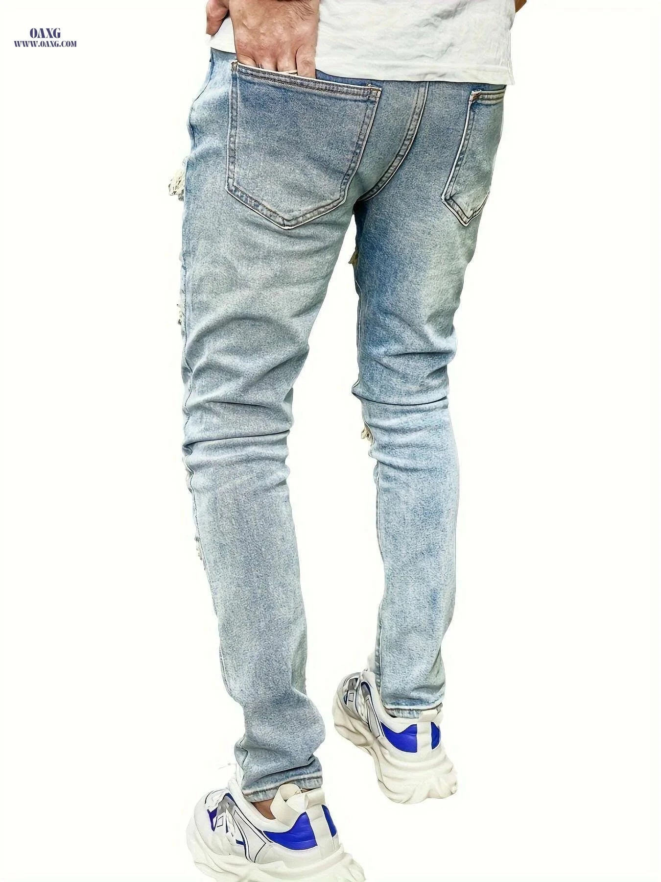 Men's Ripped Slim Fit Denim Jeans - Elastic Fit for Spring/Summer   OAXG Blue / 28