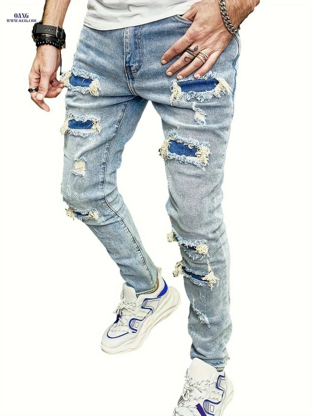 Men's Ripped Slim Fit Denim Jeans - Elastic Fit for Spring/Summer   OAXG Blue / 28