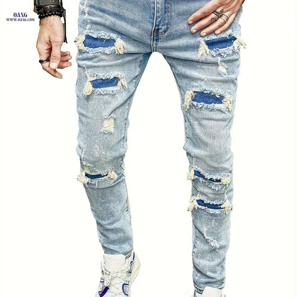 Men's Ripped Slim Fit Denim Jeans - Elastic Fit for Spring/Summer   OAXG 