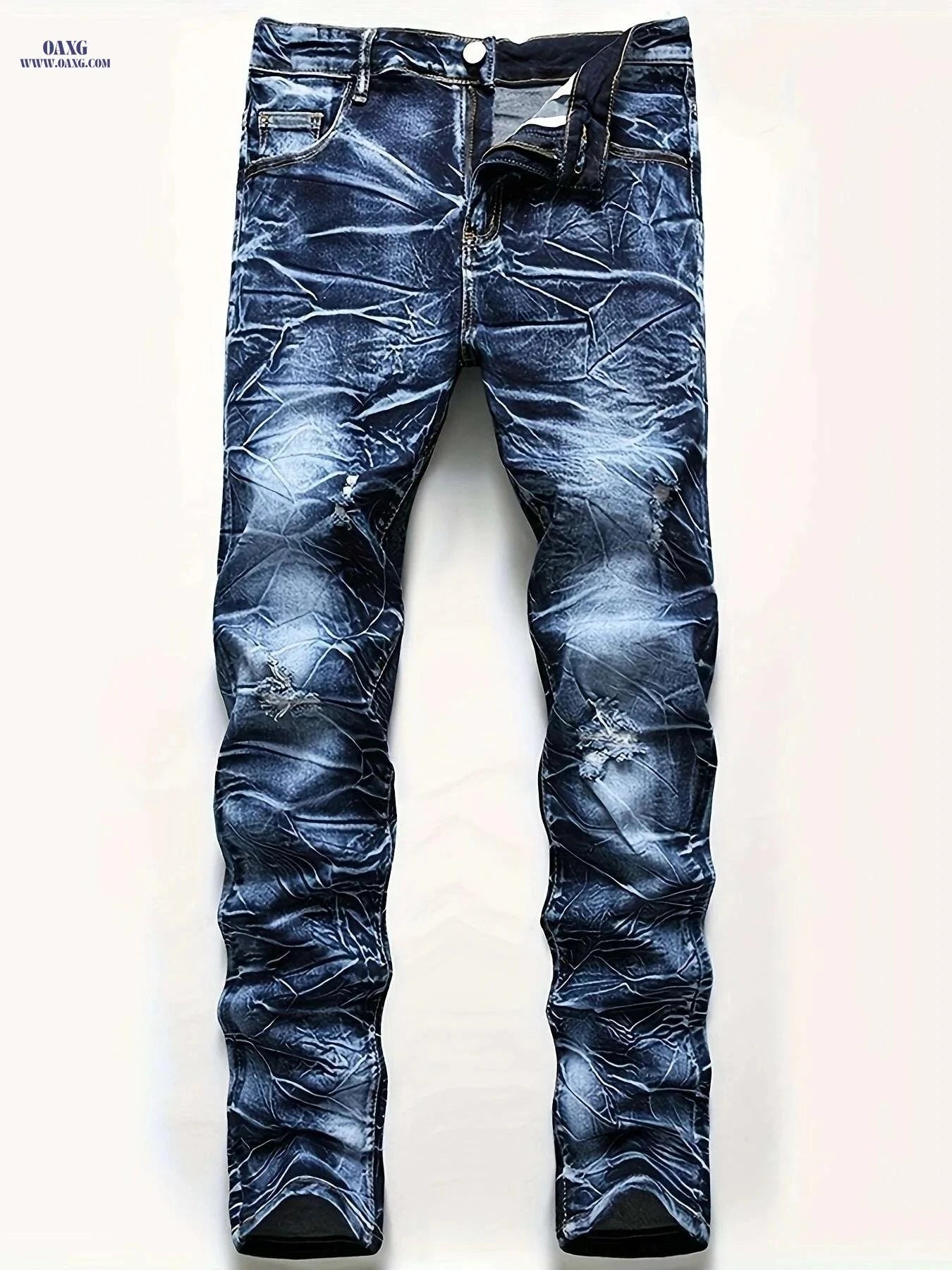 Men's Ripped Slim Fit Jeans - Stretchy Comfort Denim Pants   OAXG Blue / 28