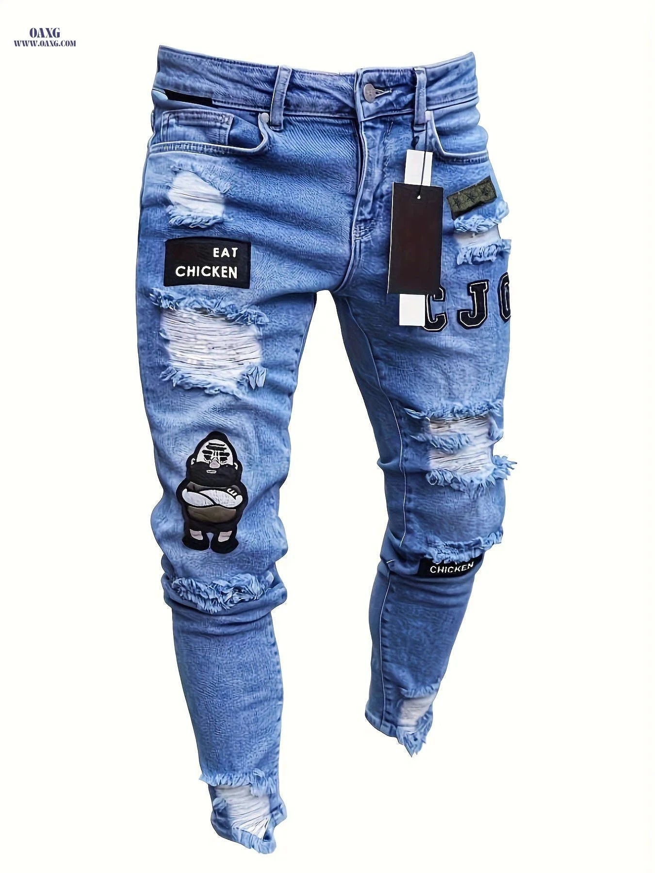 Men's Ripped Slim-Fit Jeans - Trendy Embroidered Doll Pattern   OAXG 