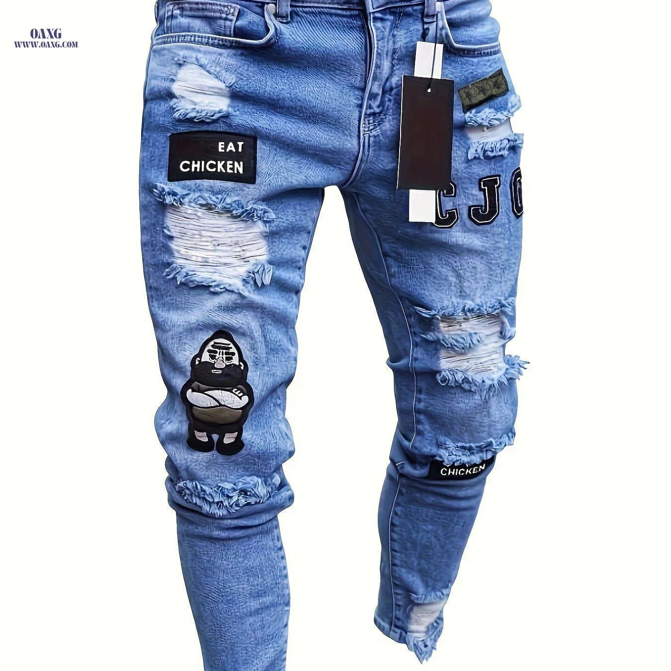 Men's Ripped Slim-Fit Jeans - Trendy Embroidered Doll Pattern   OAXG 
