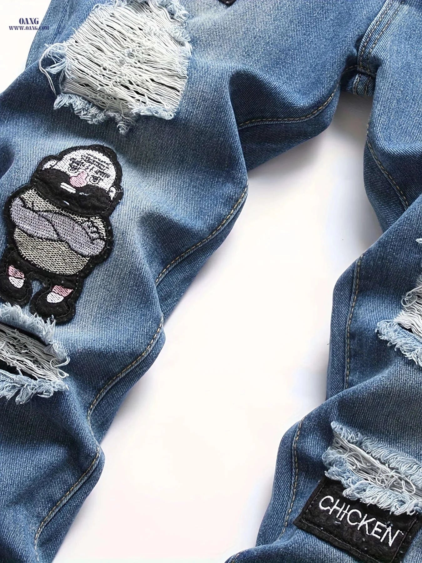 Men's Ripped Slim-Fit Jeans - Trendy Embroidered Doll Pattern   OAXG 