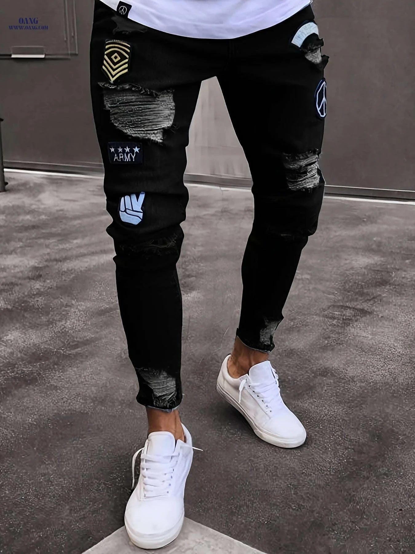 Men's Ripped Slim-Fit Jeans - Trendy Embroidered Doll Pattern   OAXG Blue / FR S
