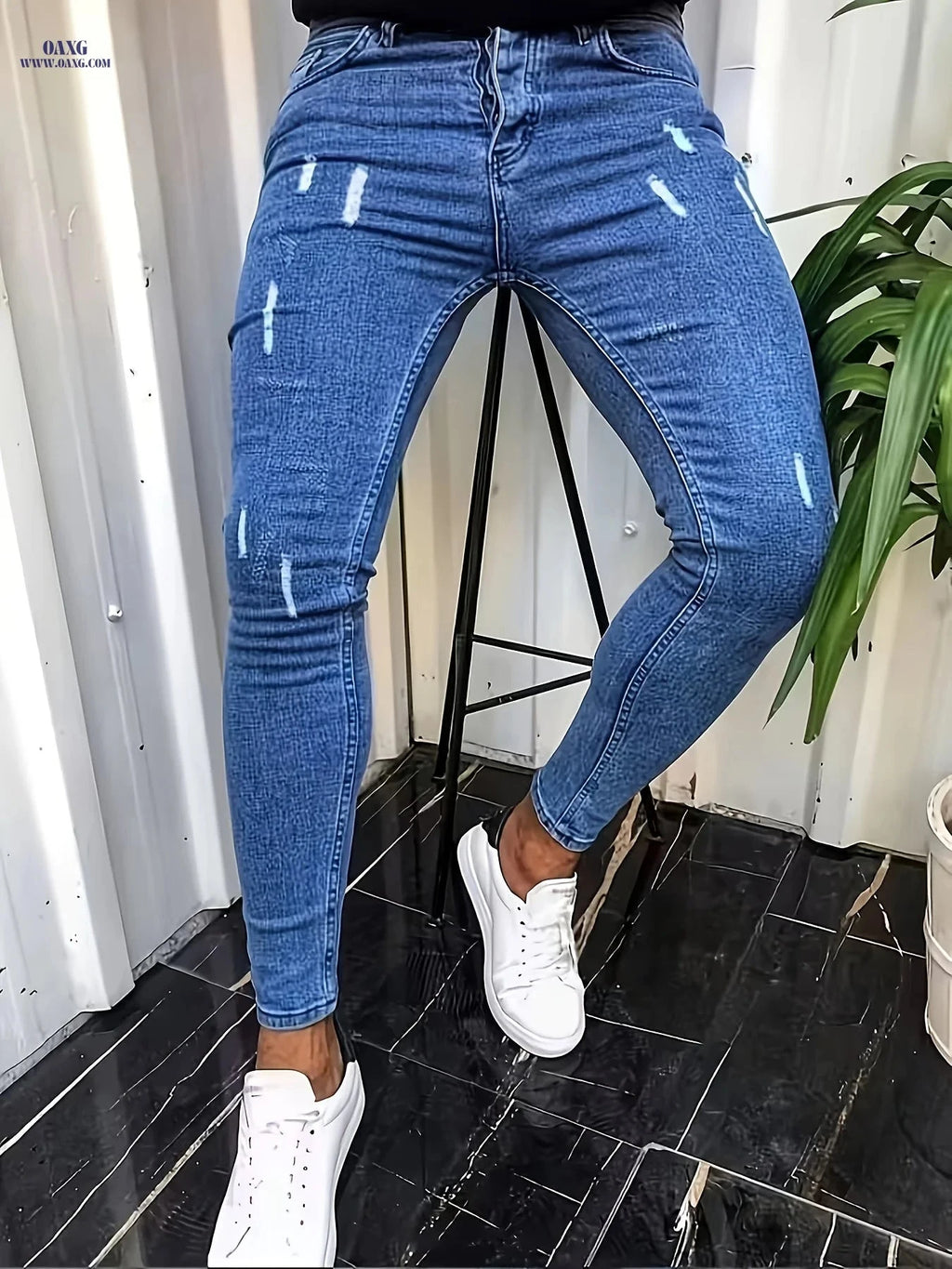Men's Ripped Stretch Skinny Jeans - Casual Solid Color Denim Trousers   OAXG 