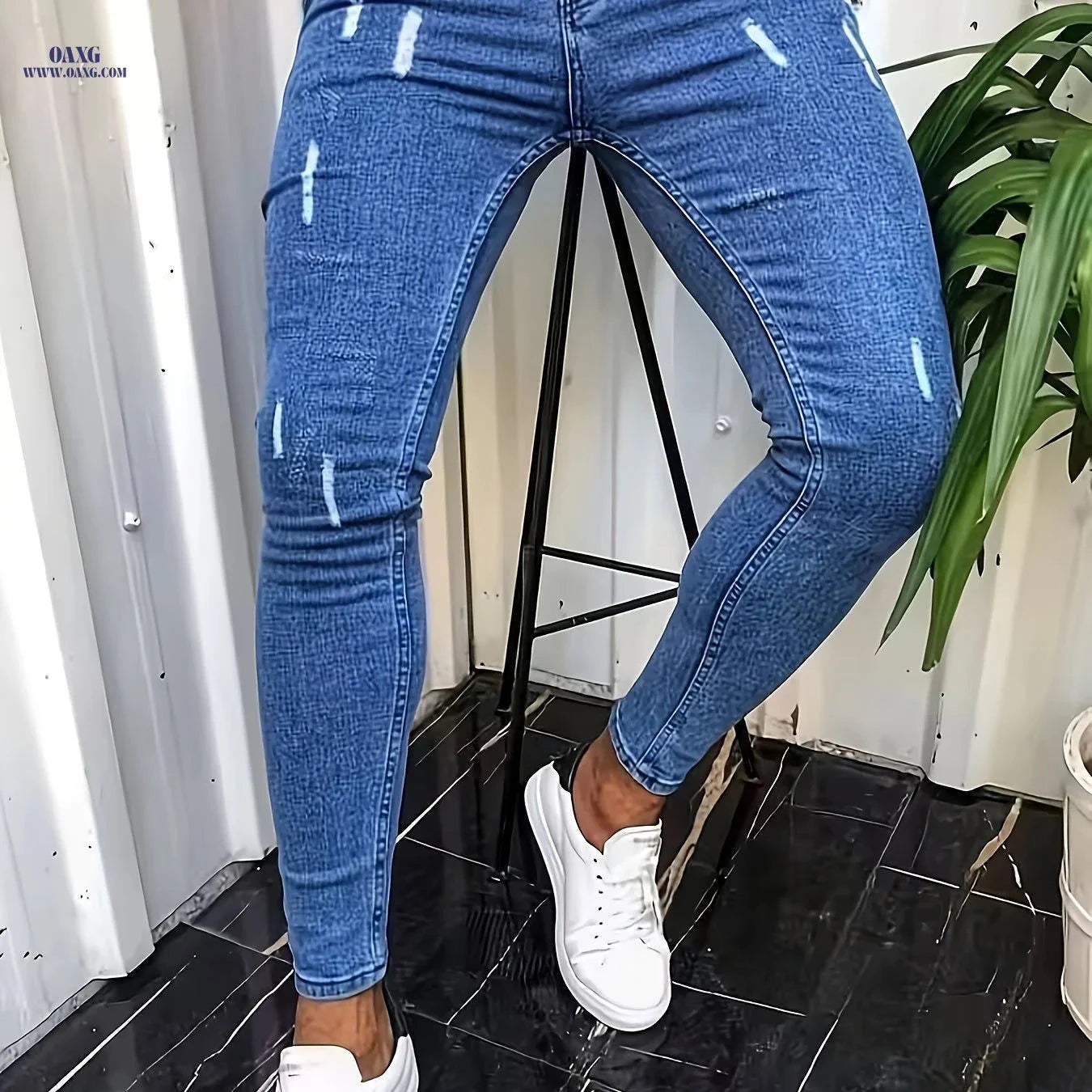 Men's Ripped Stretch Skinny Jeans - Casual Solid Color Denim Trousers   OAXG 