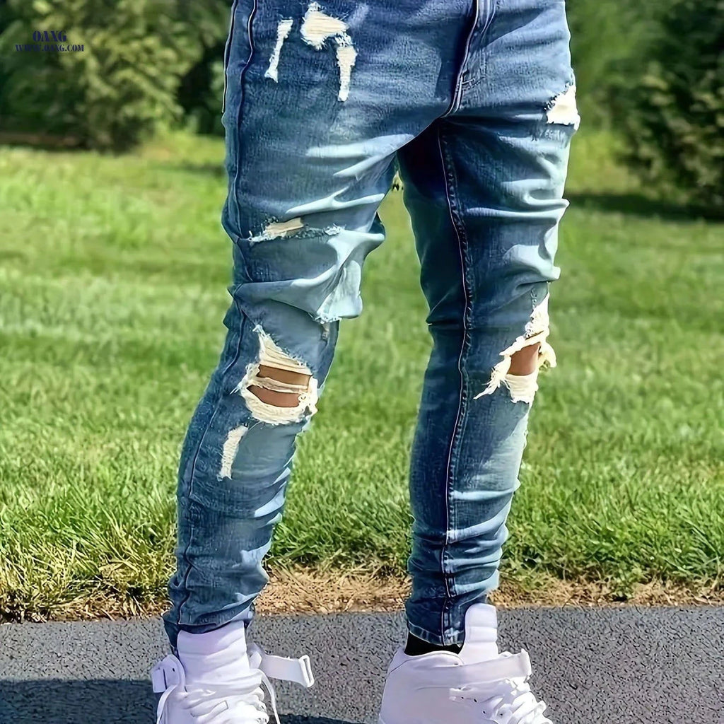 Men's Ripped Stretchy Jeans - Trendy Skinny Fit for Spring   OAXG Blue / FR S