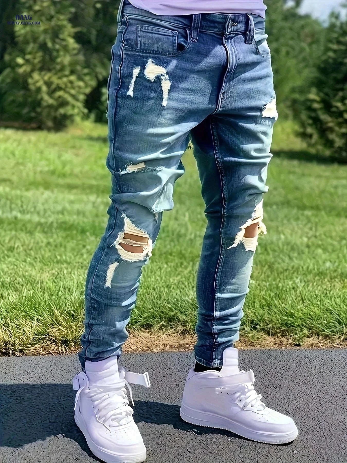 Men's Ripped Stretchy Jeans - Trendy Skinny Fit for Spring   OAXG Blue / FR S