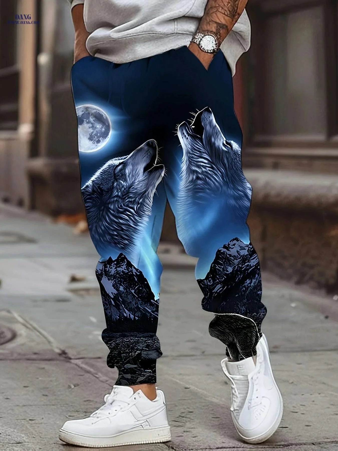 Men's Roaring Wolves Moon Print Jogger Pants - Casual Sports Trousers   OAXG Mixed Color / S